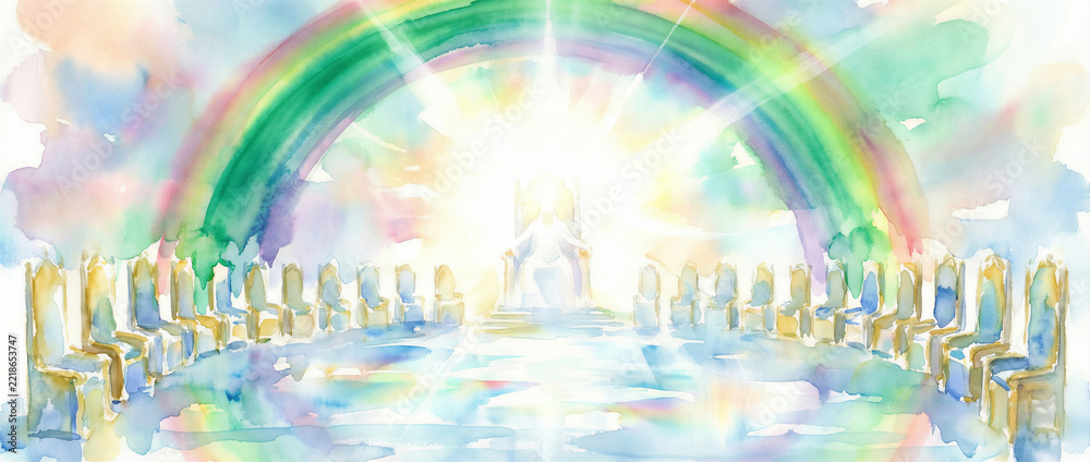 Fototapeta premium Watercolor illustration of heaven with a throne beneath a rainbow. Biblical vision of the afterlife and divine kingdom. Christian faith, salvation and eternal life. Spiritual concept art