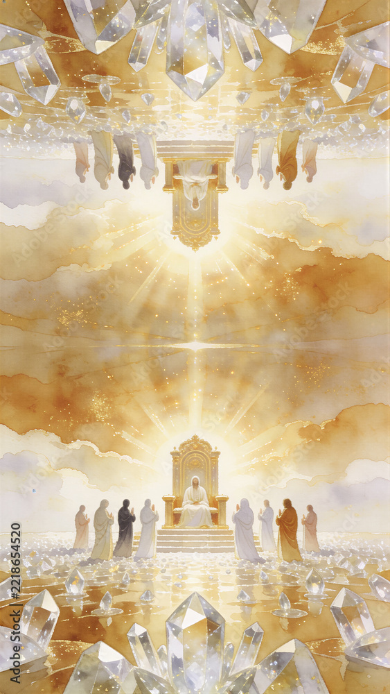 Fototapeta premium Jesus seated on a heavenly throne among followers. Second Coming and final judgment in Christian biblical imagery. Heaven, salvation and eternal life concept. Sacred religious illustration