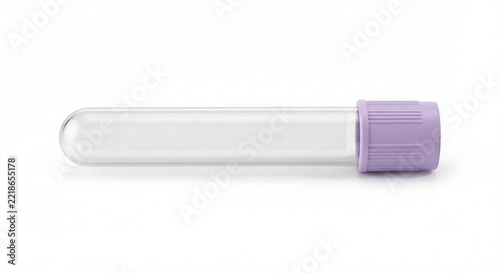 A single sterile transparent laboratory blood sample tube with sealed cap, empty and unused