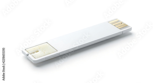 A single sterile disposable blood test strip designed for a portable blood testing device