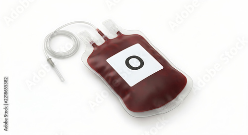 A single medical blood collection bag filled with realistic dark red donated blood representing blood type O
