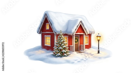 Charming winter cottage covered in snow with a decorated christmas tree and warm light