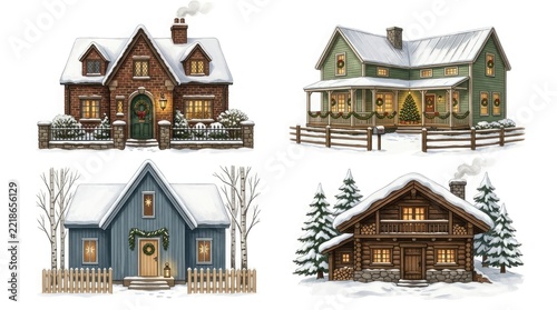 Watercolor collection of charming winter houses and cozy cabins covered in snow