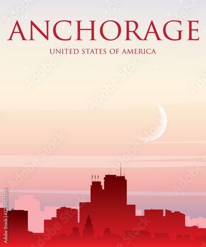 Red portrait orientated panoramic poster of the city skyline with misty background buildings, sunrise, moon and clouds of ANCHORAGE, UNITED STATES