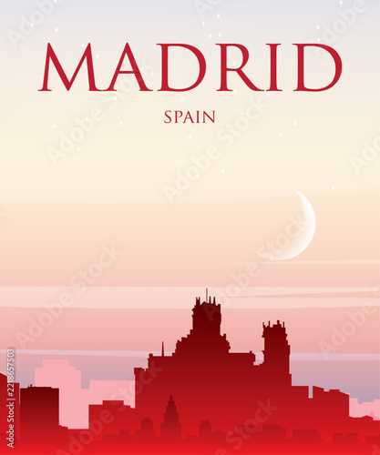 Red portrait orientated panoramic poster of the city skyline with misty background buildings, sunrise, moon and clouds of MADRID, SPAIN