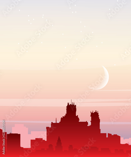 Red portrait orientated panoramic poster of the city skyline with misty background buildings, sunrise, moon and clouds of MADRID, SPAIN