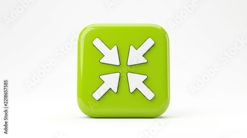 3d render of a green square button with white inwardpointing arrows icon, isolated on white background