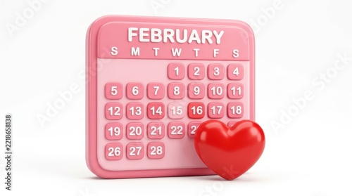 February calendar with a red heart icon isolated on white background