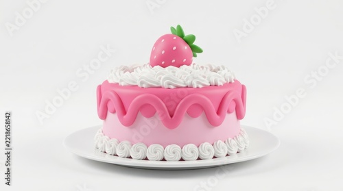 A cute pink strawberry cake with white frosting swirls and a single strawberry on top, isolated on white background
