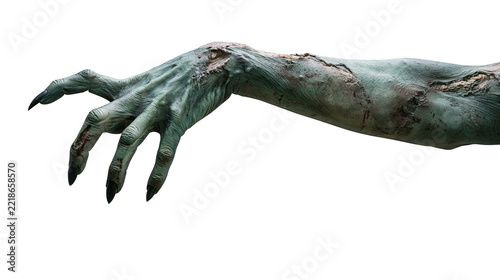 Decaying green zombie arm with sharp claws and textured skin