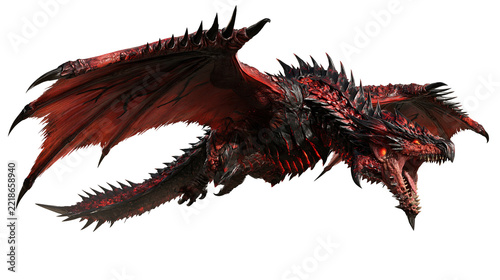 Fierce red and black dragon with glowing eyes and sharp scales in flight
