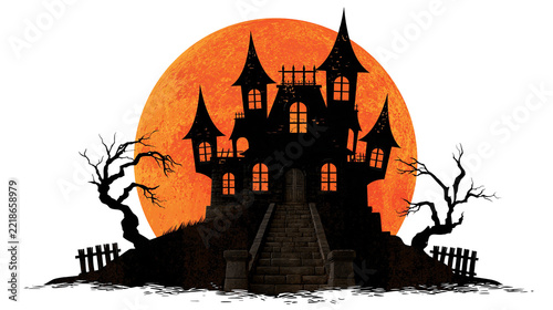 Spooky haunted mansion silhouette with glowing orange full moon and dead trees