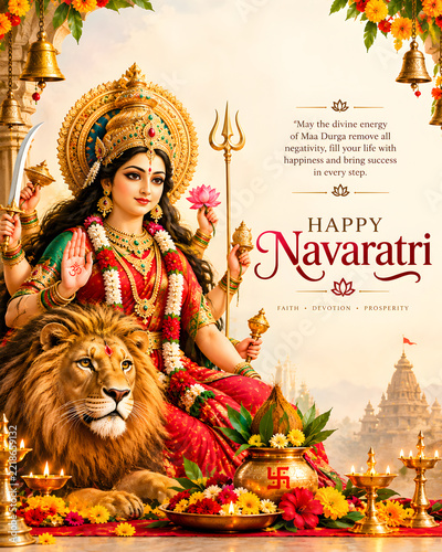 Goddess durga sitting with lion in traditional attire for happy navaratri celebration durga puja hindu festival indian culture durga maa