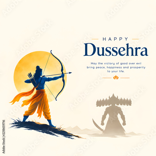 Lord rama aiming bow and arrow at demon king ravana illustration for happy dussehra festival celebration with indian festival