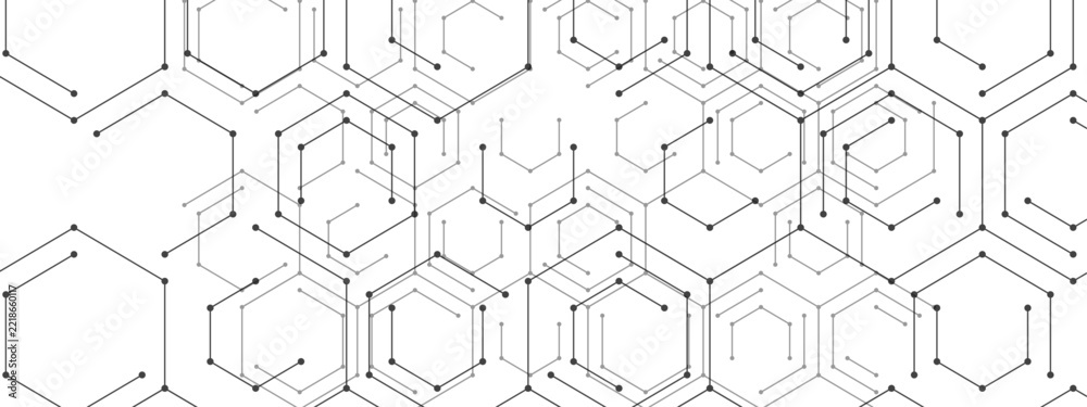 Fototapeta premium Abstract geometric network of connected hexagonal nodes and lines, illustrating digital data flow and futuristic connectivity concepts 