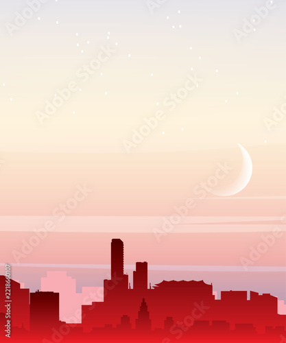 Red portrait orientated panoramic poster of the city skyline with misty background buildings, sunrise, moon and clouds of SAN DIEGO, UNITED STATES