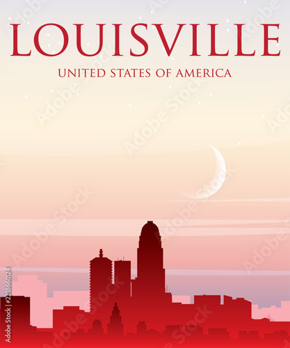Red portrait orientated panoramic poster of the city skyline with misty background buildings, sunrise, moon and clouds of LOUISVILLE, UNITED STATES