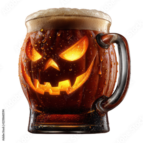Halloween Pumpkin Beer Mug with Glowing Jack O Lantern Face, Isolated on Transparent Background