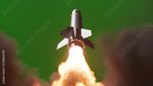 Rocket launch with powerful fire blast and smoke on green screen