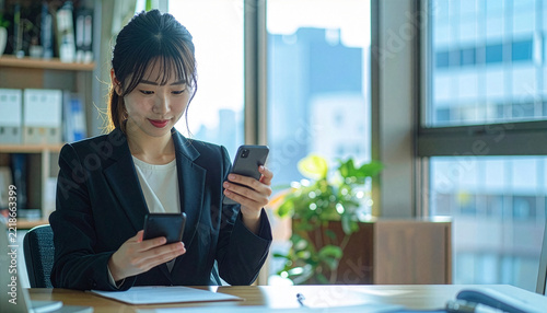 オフィスデスクで2台のスマートフォンを手に真剣な表情で操作する女性会社員