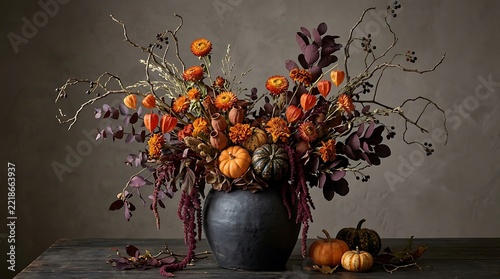 Stunning autumn floral arrangement with pumpkins in dark rustic vase.