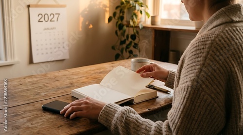 Woman writing in a notebook at a rustic wooden desk with a 2027 calendar.