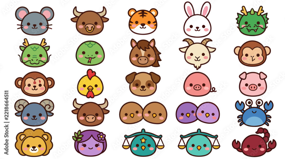 Fototapeta premium Cute animal zodiac signs icons