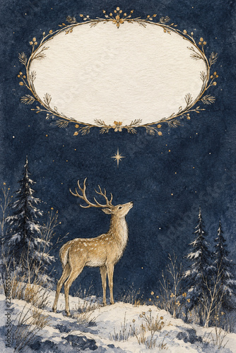 Ink wash deer under a golden star on a midnight blue card