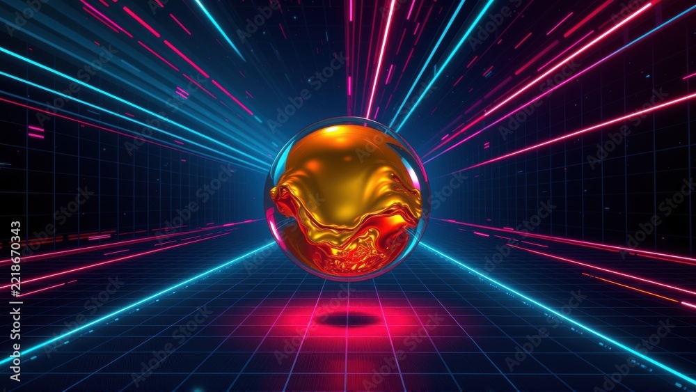 Fototapeta premium Golden sphere radiates light. Neon lines converge toward center, creating futuristic tunnel effect. Dark background enhances vibrant colors.