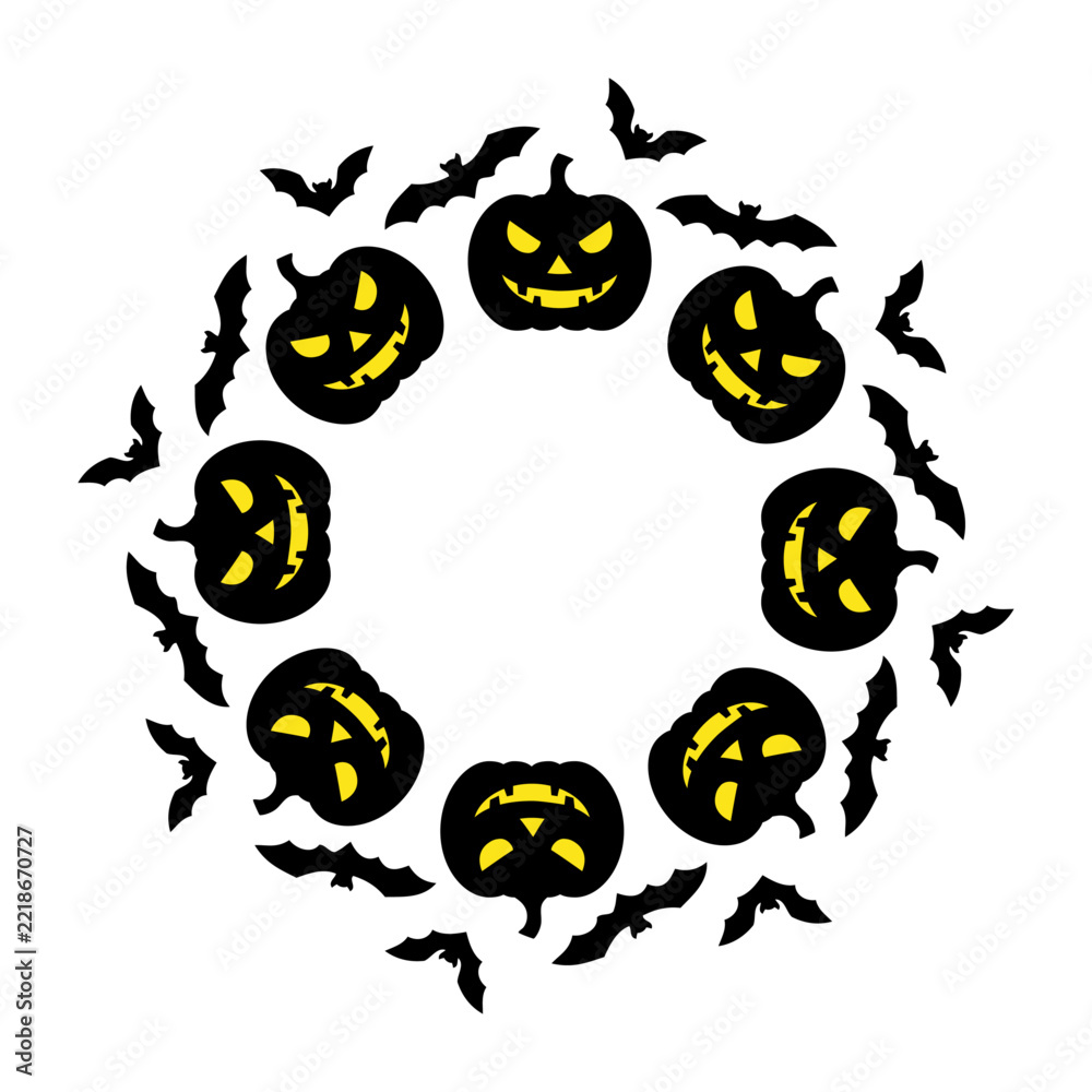 Fototapeta premium Dibujo sencillo de un marco circular con la silueta de calabazas con la cara tallada de jack-o-lantern con murciélagos, para tarjetas y felicitaciones de Halloween 