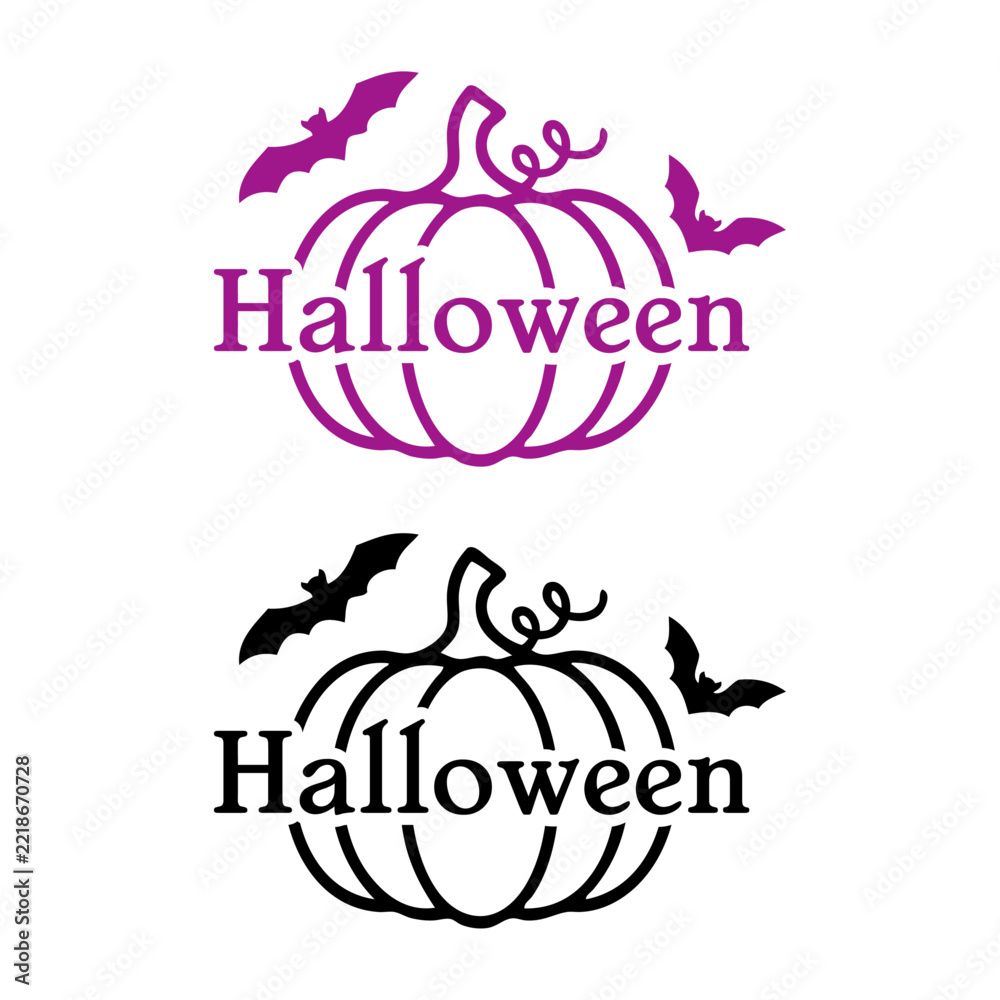 Fototapeta premium Dibujo sencillo con líneas de una calabaza con murciélagos volando alrededor y el texto Halloween. Diseño para tarjetas y felicitaciones