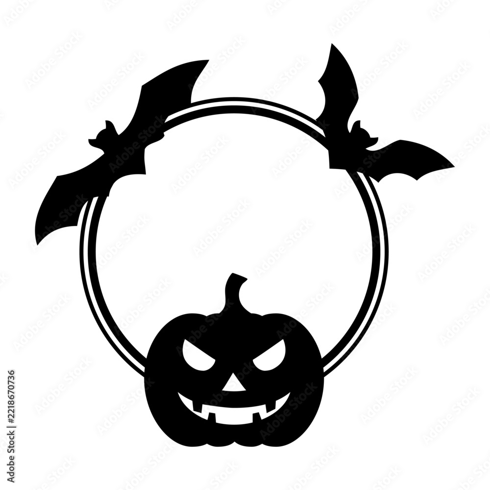 Fototapeta premium Logo con dibujo sencillo de una calabaza con la cara tallada de jack-o-lantern con murciélagos, en marco circular, para tarjetas y felicitaciones de Halloween 
