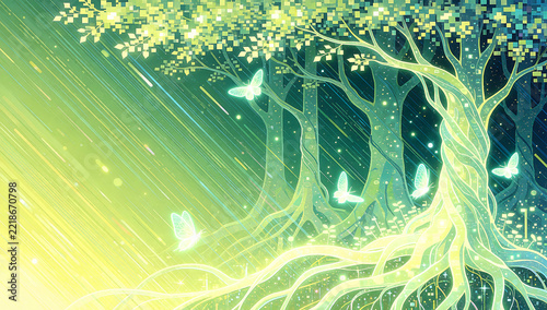 Abstract Digital Illustration of Glowing Trees and Flying Butterflies in a Magical Forest with Vibrant Green and Yellow Light Rays and Ethereal Sparkling Particles