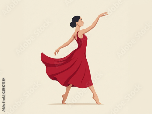 Woman in a flowing red dress dancing gracefully against a minimalist background