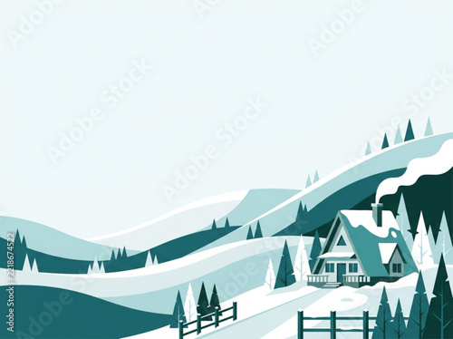 Minimalist vector illustration of a mountain cabin in a pine forest landscape