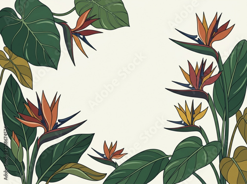 Tropical flora vector composition with exotic palm leaves and monstera foliage