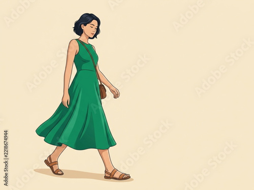 Young woman in a summer dress walking outdoors on a sunny day