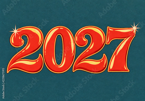 Glossy Red 3D Number 2027 Celebration Typography with Gold Highlights on Dark Blue Background