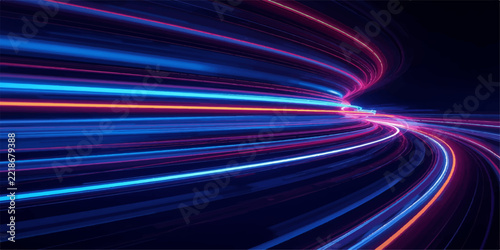 Abstract motion blur light trails in shades of blue and pink create a dynamic sense of speed and movement, suggesting technological advancement or travel through a futuristic tunnel.