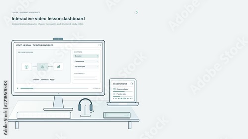 Interactive video lesson dashboard animation with playback controls, course content and student learning interface, clean e-learning motion graphic for online classes, tutorials and digital education