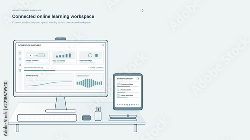 Connected online learning workspace animation with desktop and mobile study tools, course access and synced interface, clean e-learning motion graphic for digital education and remote study