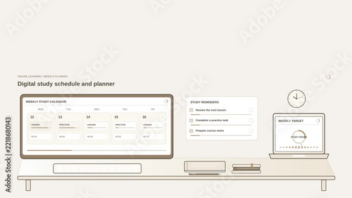 Digital study schedule and planner animation with calendar, study sessions and organized learning tasks, clean e-learning motion graphic for online students, time management and education planning