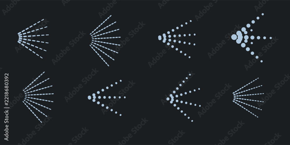 Naklejka premium Spray blue steam icons lines, dotted. Vector cleanning deodorant sprayed line icon set, spraying water steam nozzle flows vector signs