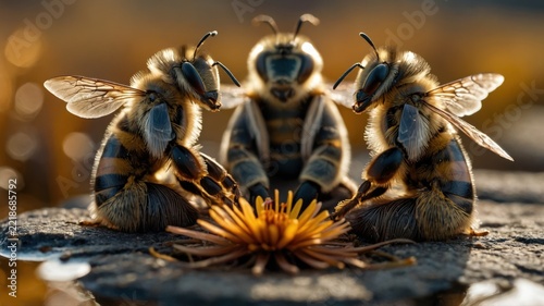 Close-Up of Three Bees Around Orange Flower on Rock