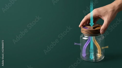 Hand holding a colorful illuminated glass with light streaks and abstract glowing lines on a dark green background for modern technology and innovation concept