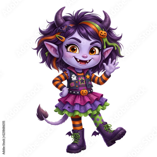 Cute purple monster girl with horns, tail and pointy ears in punk Halloween outfit with pumpkin hair clip