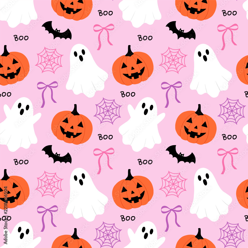 Obraz premium Cute Halloween vector seamless pattern with white ghosts, jack-o-lantern pumpkins, ribbon bows, bats, spiderwebs, and Boo typography on pastel pink background for seasonal party decor, apparel, and wa