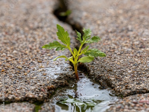 Resilience Personified: A tiny sprout pushes through a crack in the pavement, symbolizing hope, perseverance, and the indomitable spirit of nature finding a way.