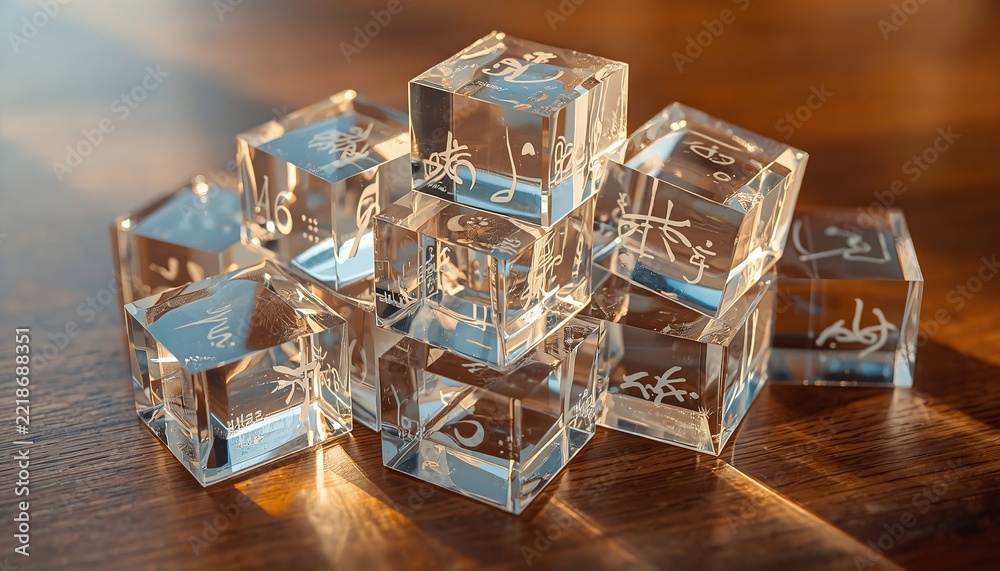 Fototapeta premium Clear transparent acrylic cubes with etched symbols stacked on a rustic wooden table, illuminated by warm natural light, creating intricate reflections and refractions, showcasing modern design