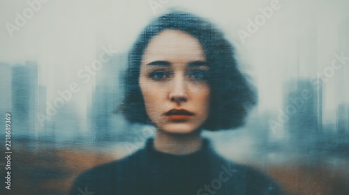 A blurred, melancholic woman stands against an indistinct urban background, evoking feelings of isolation and introspection.